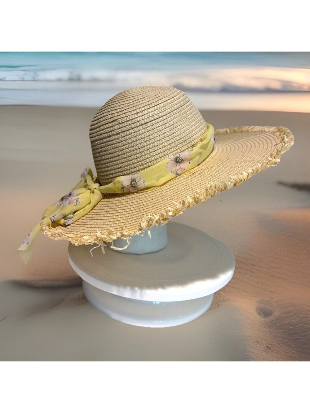Marcus Adler New York Women's Paper Straw Bucket Sun Hat Floral Scarf One Size